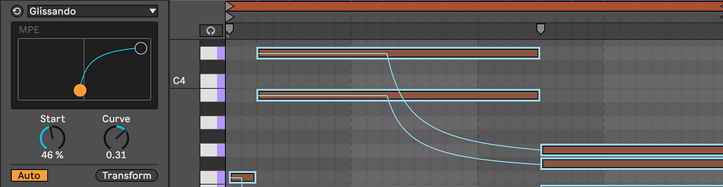 The Glissando MIDI tool being used to glide between two notes in Ableton Live 12.1’s piano roll.