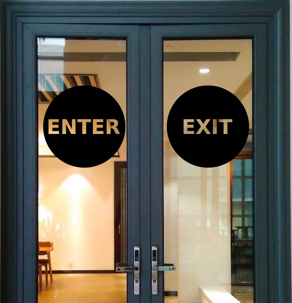 A double door with “enter” and “exit” labels.