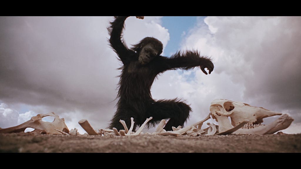 An ape holding a bone in his right hand preparing to smash bones in the ground. A famous scene from the film "2001: A Space Odyssey".