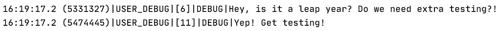 Log outputs: ‘Hey is it a leap year? Do we need extra testing?’ Line break. ‘Yep! Get testing!’