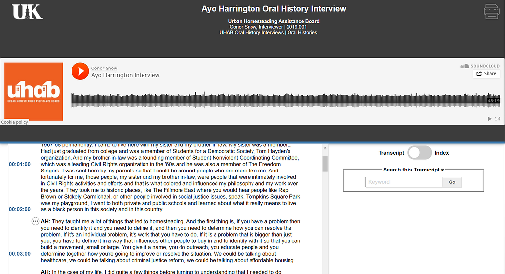 Preview of what the interview with Ayo Harrington would look like on the OHMS Viewer including the transcript and times codes. Source: Conor Snow