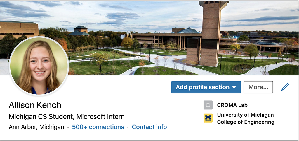My LinkedIn header with my tagline, location, and college
