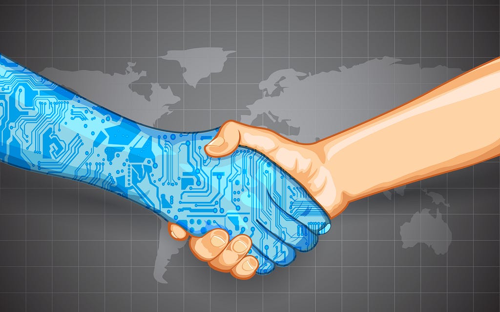 illustration of hand shake between technology and human