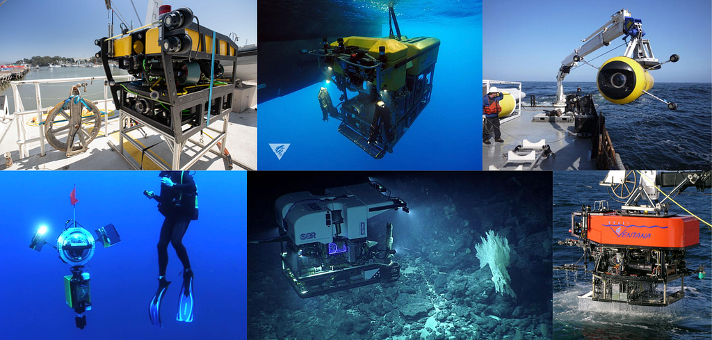 FathomNet is seeded with data from MBARI’s, NOAA’s, and NGS’ databases, which includes imagery and video from a number of underwater platforms including (clockwise from top, left) MBARI’s ROV MiniROV, ROV Doc Ricketts, I2MAP Dorado-class AUV, ROV Ventana, NOAA’s ROV Deep Discoverer, and NGS’ DropCam.