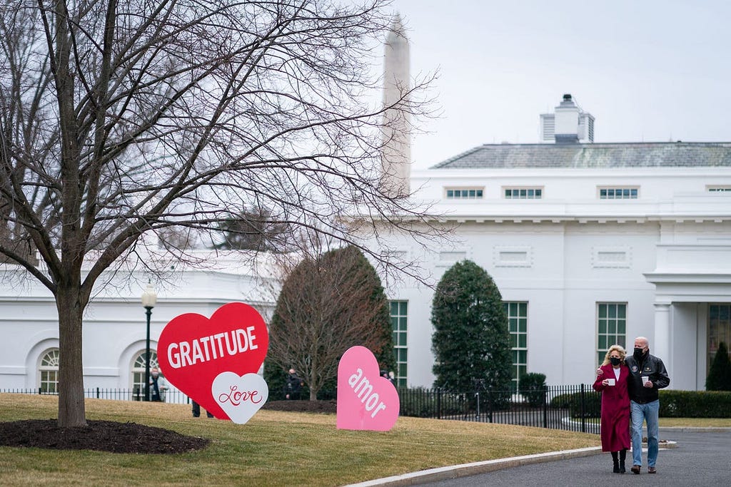 President Joe Biden and First Lady Jill Biden look at the Valentine’s Day hearts on Feb. 12, 2021, on the North Lawn of the White House.