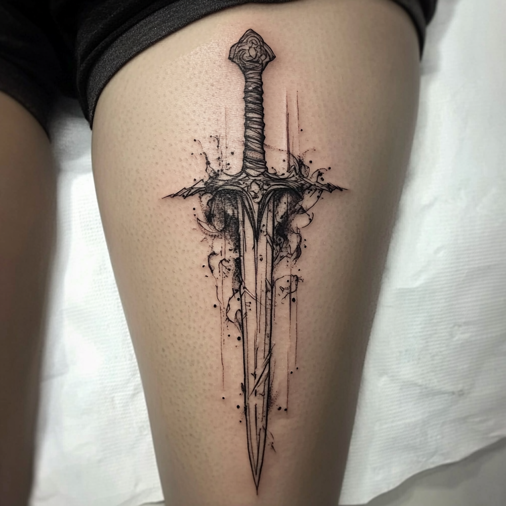 Minimalist black ink sword tattoo design on the thigh of a young lady.