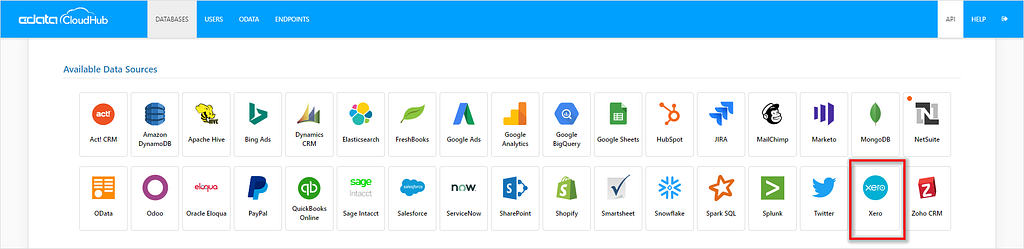 Selecting Xero in CData Connect Cloud