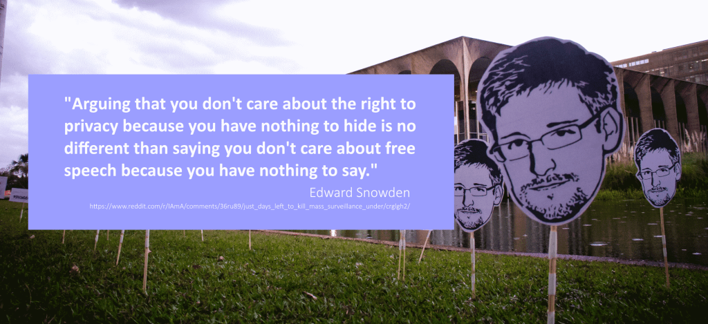 Privacy and Free Speech by Clint Lalonde is a modified image released under a CC-BY-NC-SA license. The original image is SnowdenDAY - Brasília (DF) by Mídia NINJA CC-BY-NC-SA. This modified version has been cropped and the quote box and quote has been added.