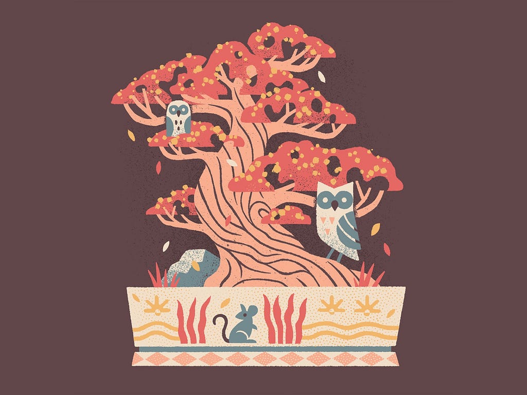 Illustration of a tree with owls perching on it