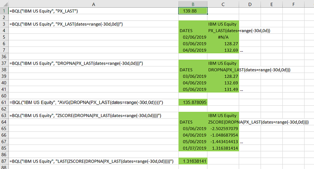 Excel screen with BQL formulas