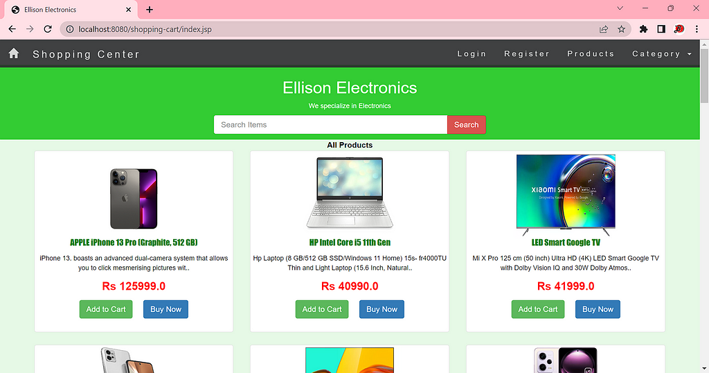 Home Page of the shopping cart website where all the available products are shown to be purchased