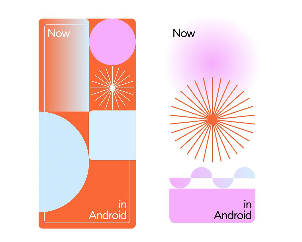 Playful orange, blue, and pink branding that says “Now in Android”