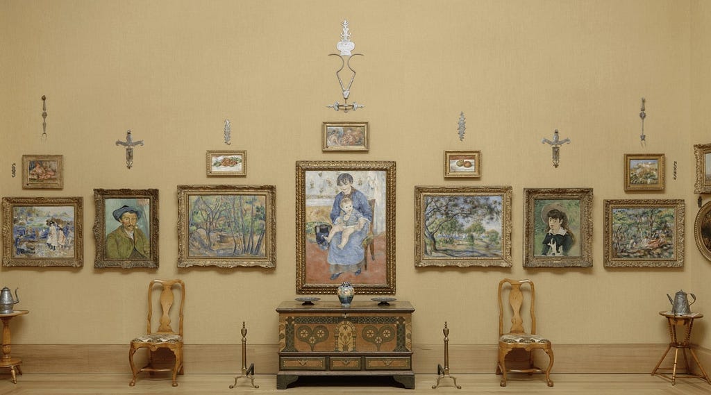 View of a wall in the Barnes Foundation galleries with paintings, chairs, and sconces.