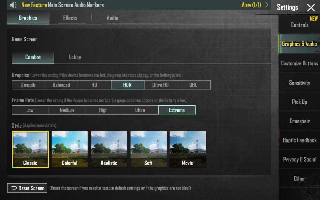 Battlegrounds Mobile India in-game settings screenshot