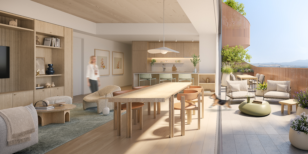 Architectural rendering shows a spacious, airy apartment with open sliding doors that lead to a large terrace.
