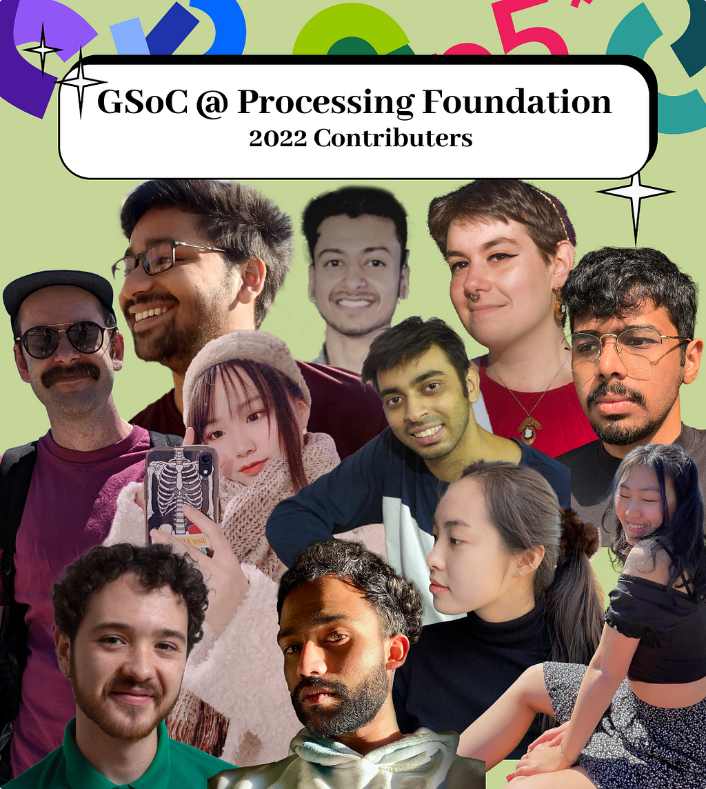 A collage picture of the headshots of all 11 contributors for this year’s GSoC. At the top of the image is a title that states “GSoC @ Processing Foundation: 2022 Contributors