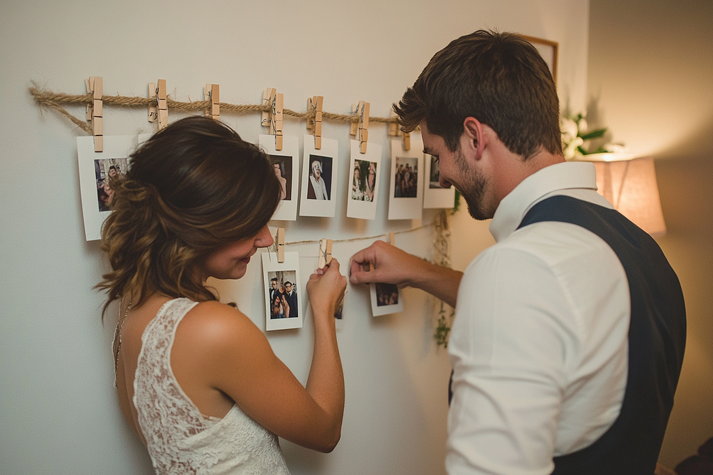 The bride and groom hang photos on a wall display for the ‘Where Were They?’ game using clothespins.