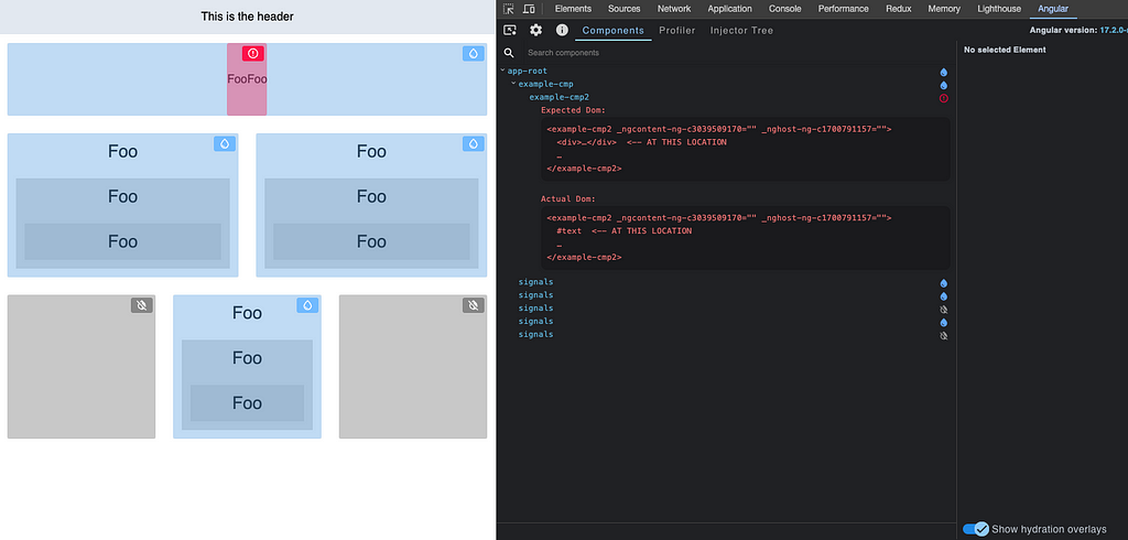 Angular DevTools showing a hydration mismatch. On the image we have different HTML returned from the server compared to the DOM that the browser built.