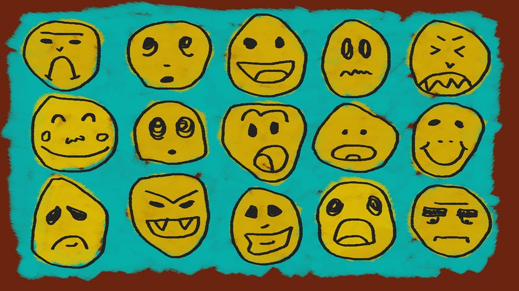 An illustration of 18 different emotions depicted with emojis