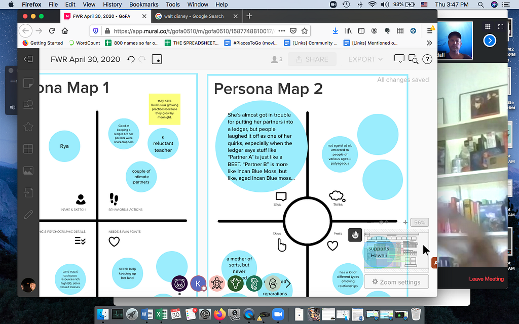 Image shows another organized section of Mural.app where there are 4 quadrants where qualities are ascribed to a fictional person by breaking down the world building into what we imagine this entity thinks, feels, says and does and in another quadrant what this entity is named, its behaviors, its pain points, its psychographic details