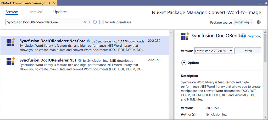 Install the Syncfusion.DocIORenderer.Net.Core