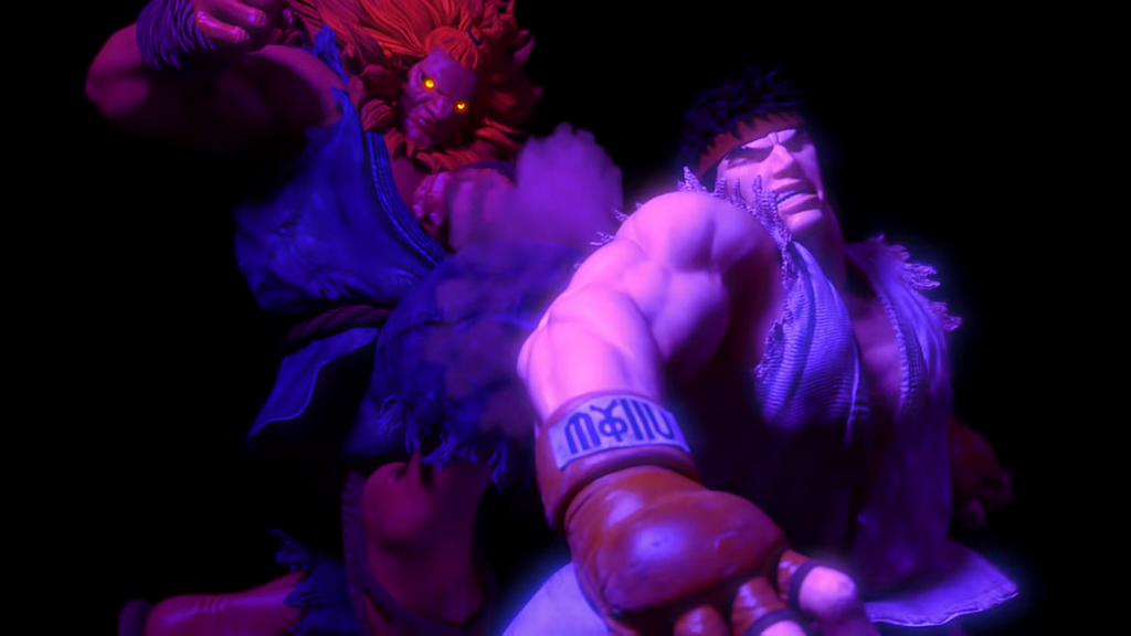 This image depicts Akuma hitting Ryu with a shot to the back.