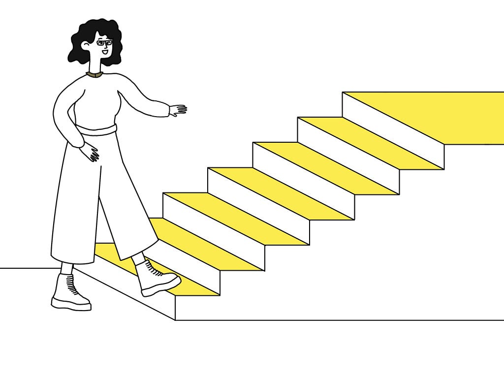 Cartoon person walking up the stairs