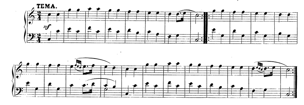 Sheet music for “12 Variations on a French Nursery Theme” by Mozart, the basis for Twinkle Twinkle Little Star et al.