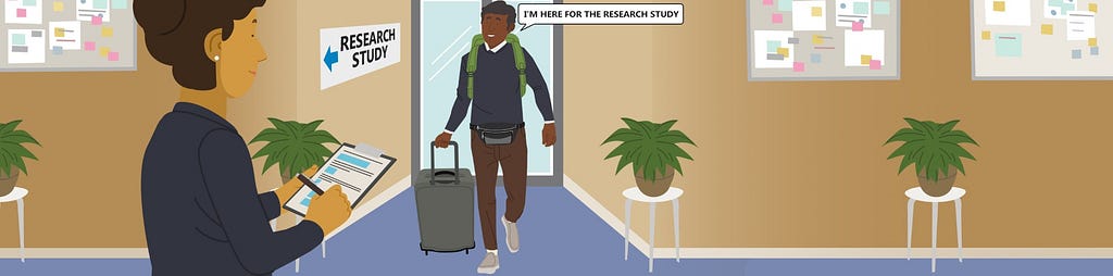 A person walks into a research lab with a suitcase and is greeted by a researcher.