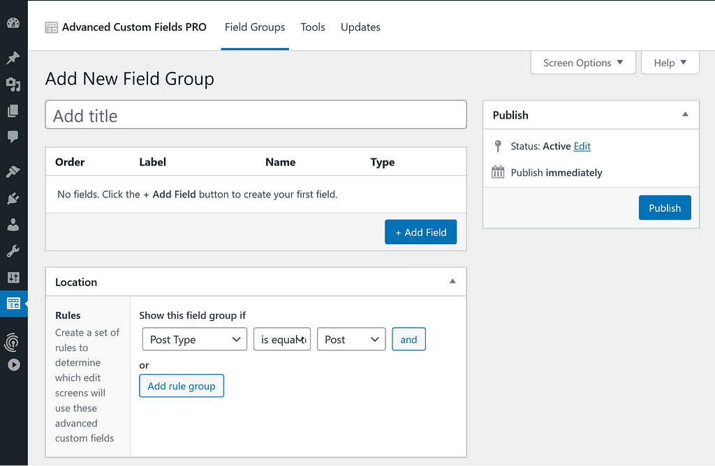 The ACF interface where you would change the Location Rule to Post Type is equal to Recipe