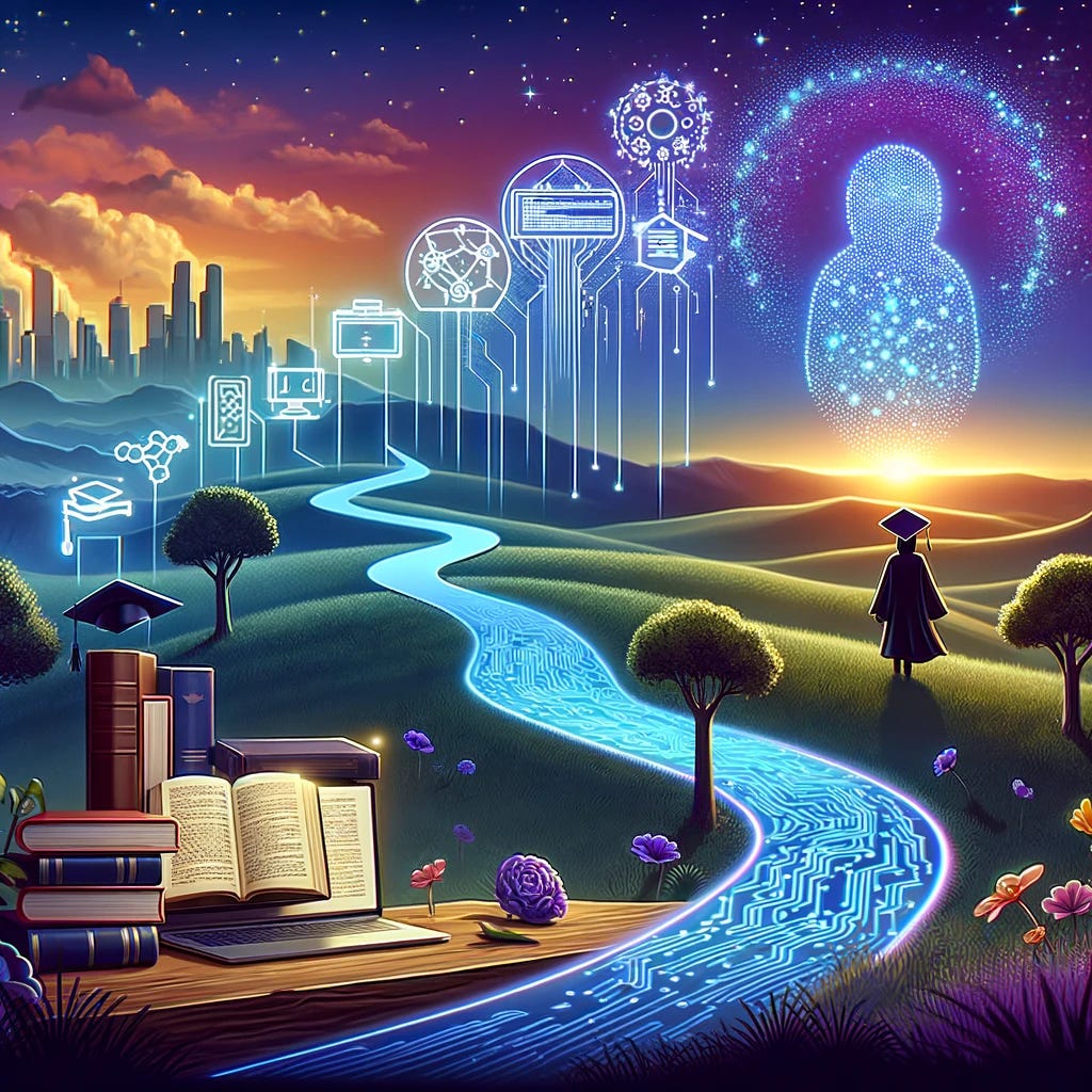 An illustration depicting the journey from a nontraditional background to a career in AI and machine learning. A winding path traverses through diverse landscapes, marking significant milestones with symbols such as an open book, a computer displaying code, a graduation cap, and a futuristic neural network pattern.