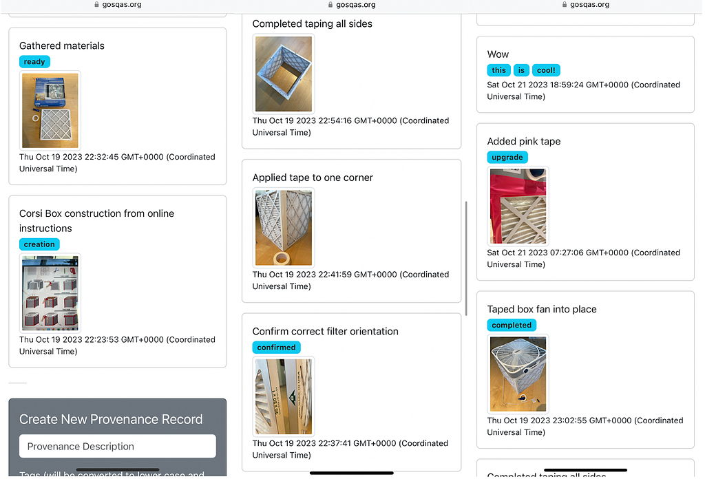 A composite of mobile phone screen shots showing a complete provenance record with images of Corsi Box construction.