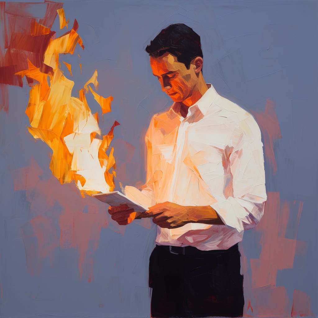 Product manager setting his CV ablaze, through the eyes of MidJourney v5.2, inspired by the art of Alex Katz