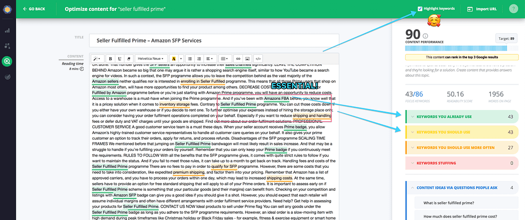 CognitiveSEO content optimization tool screenshot - how to position your article using LSI, keyword highlighter and keyword research