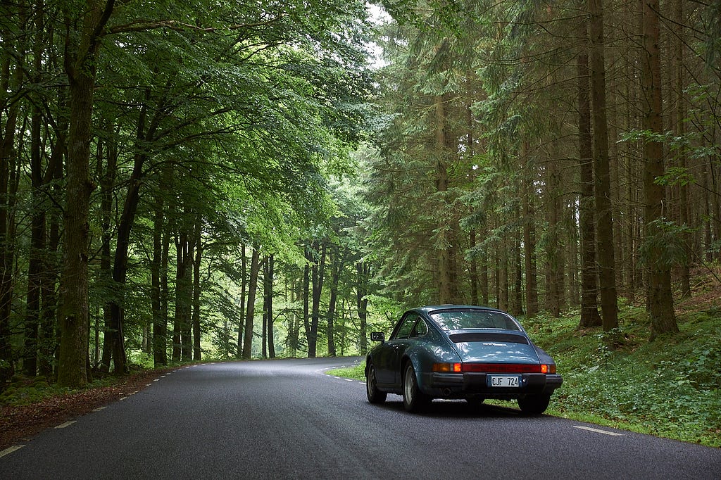 A Porsche 911 SC driving in the woods