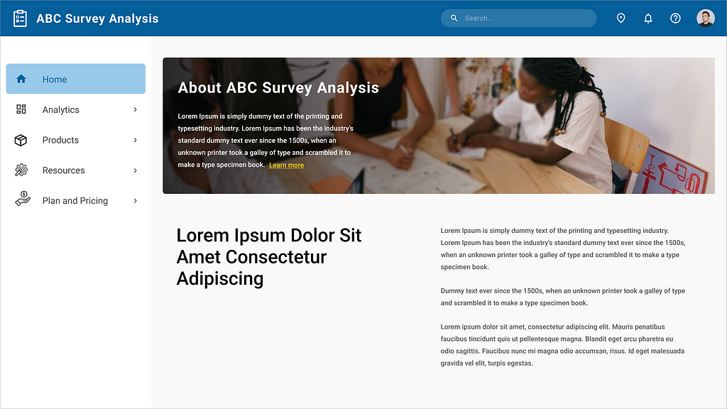 Sample website of a business survey analysis dashboard