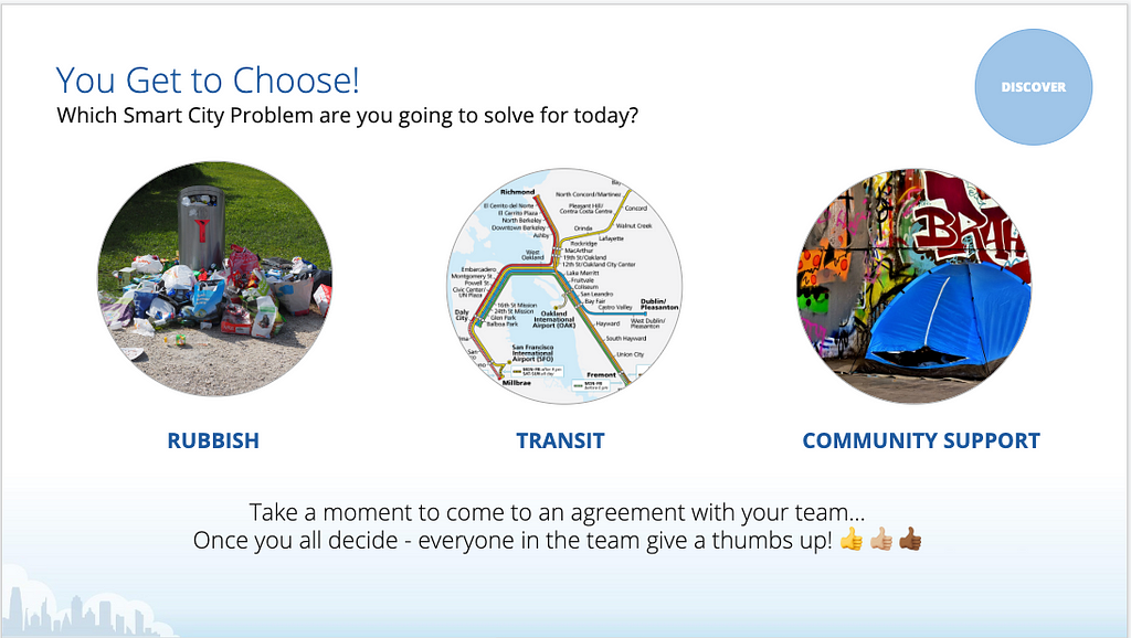 You Get to Choose! Which Smart City Problem are you going to solve for today? Rubbish, Transit, or Community Support?