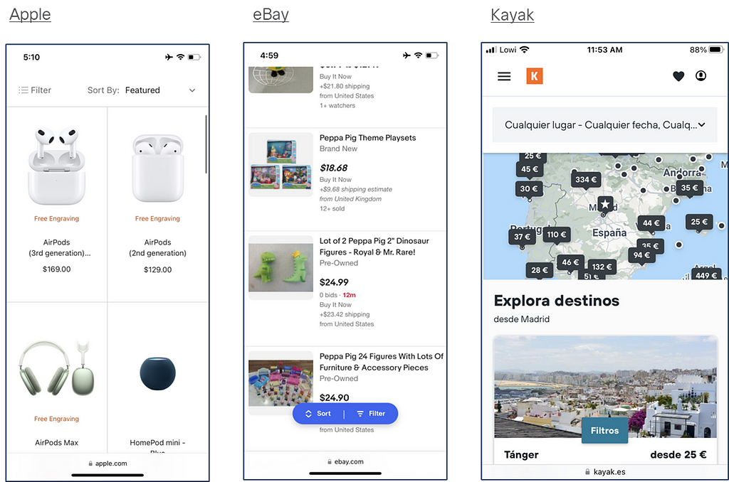 Screenshots of mobile filter menus for Apple, eBay, and Kayak