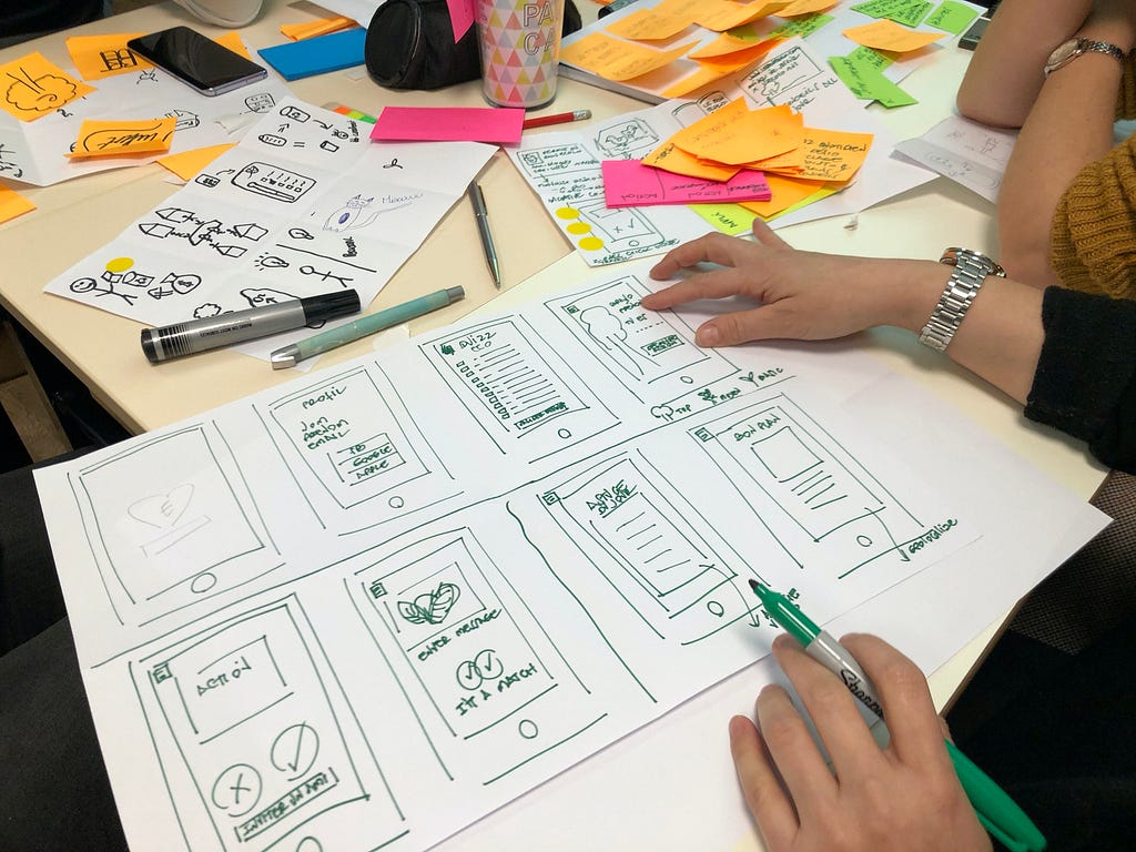 People working around a table on a worksheet. There are coloured sticky notes and pens and lots of different sheets of paper.