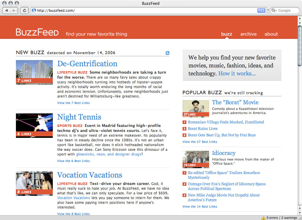 A Screnshot of the BuzzFeed.com homepage dating back in November 2006