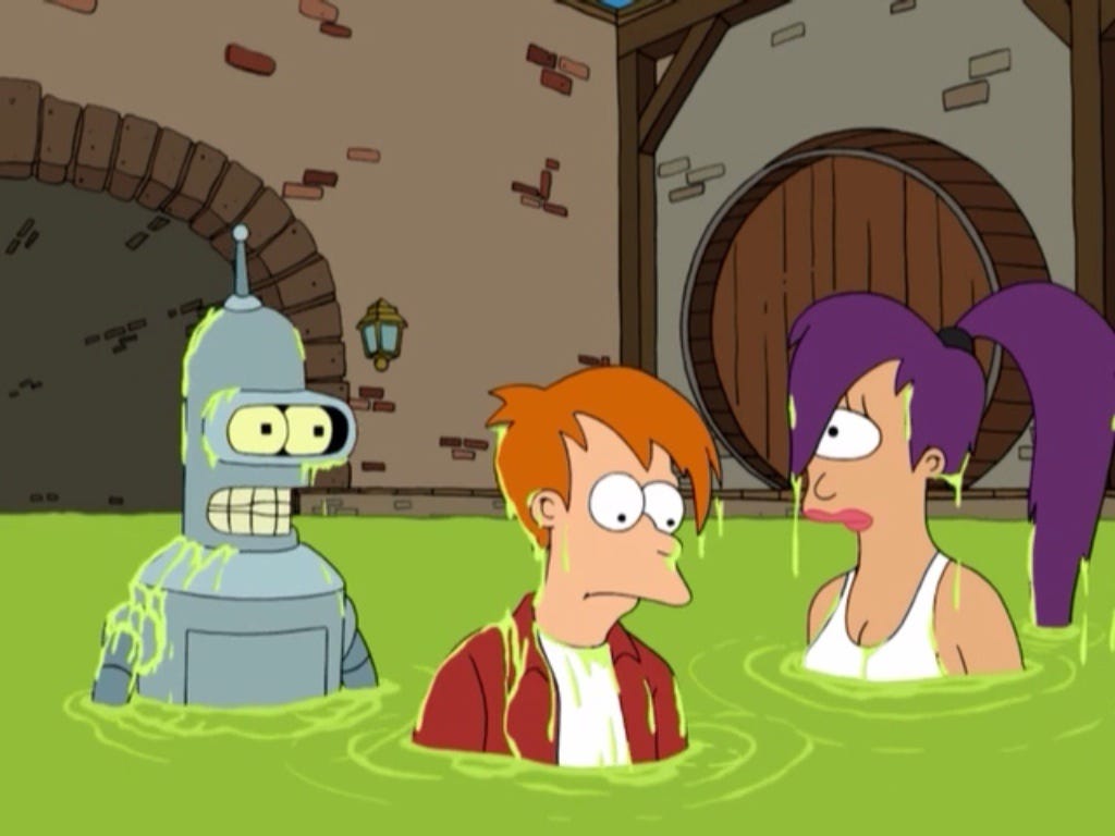 A frame from TV Show Futurama. Fry and Leela jumped into a sewer, followed by Bender who did it “to be popular”.