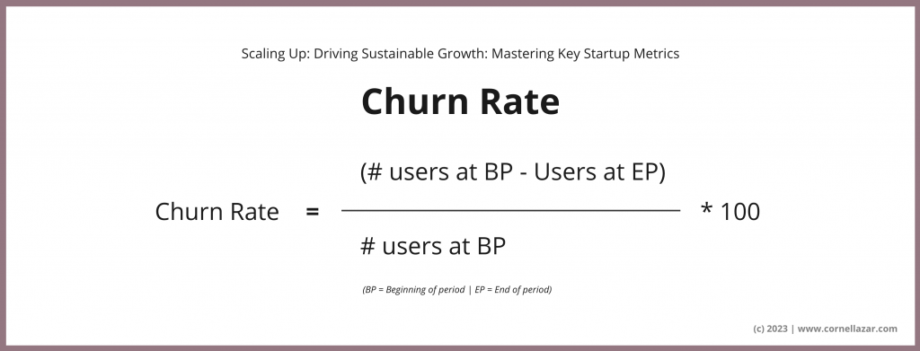 Churn Rate = ((# users at BP - Users at EP) / # users at BP) * 100 (BP = Beginning of period | EP = End of period)