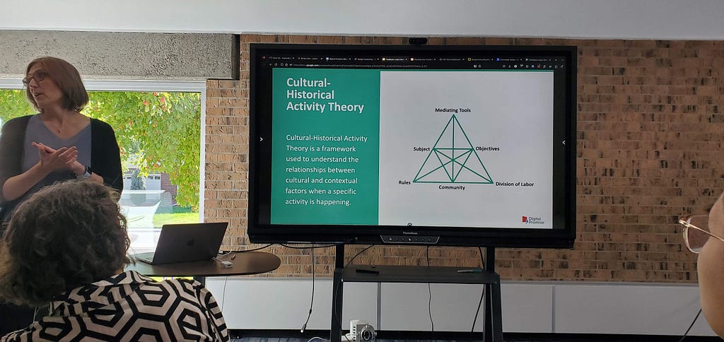 Woman presenting next to large screen with slide displayed on it. Slide describing Cultural-Historical Activity Theory, defining it as “a framework used to understand the relationships between cultural and contextual factors when a specific activity is happening.” There is also a diagram with each of the following terms connected by lines to all other terms: mediating tools, objectives, subject, rules, community, division of labor.