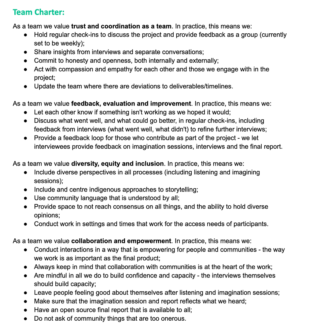 Our storytelling for systems change team charter. Key ideas are that as a team we value: trust and coordination; feedback, evaluation and improvement; diversity, equity and inclusion; collaboration and empowerment.