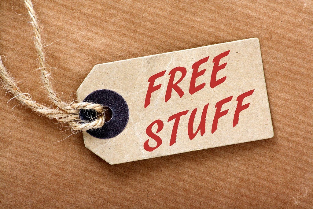 A parcel tag with the words, 'FREE STUFF', written in red marker.