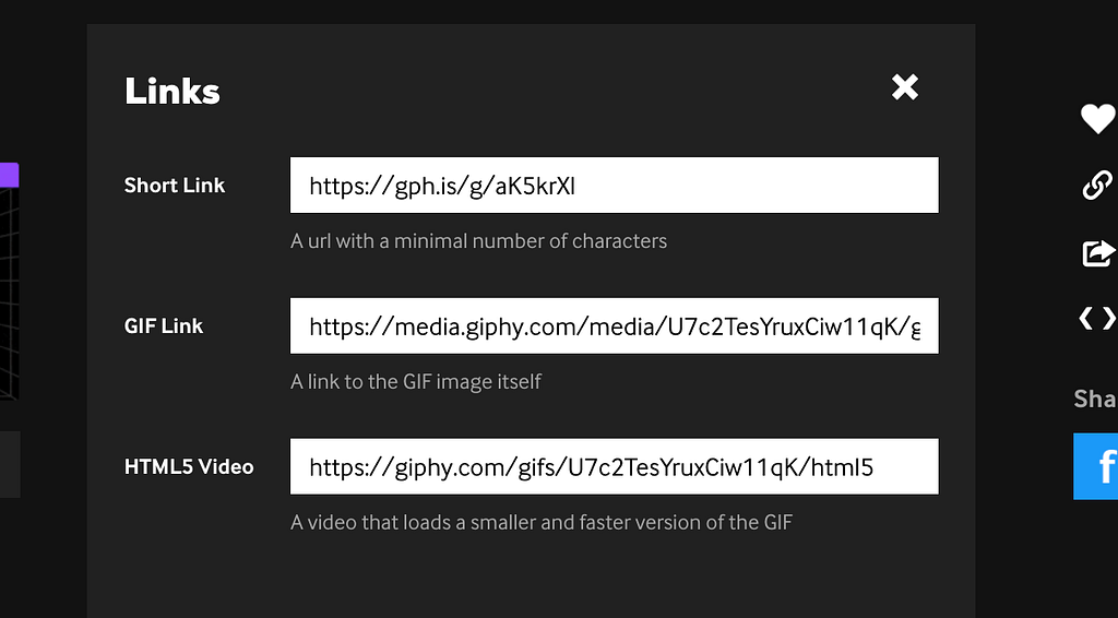 A screenshot of an uploaded gif to a Giphy account and copying its gif link so that we can add this gif to the Github readme file