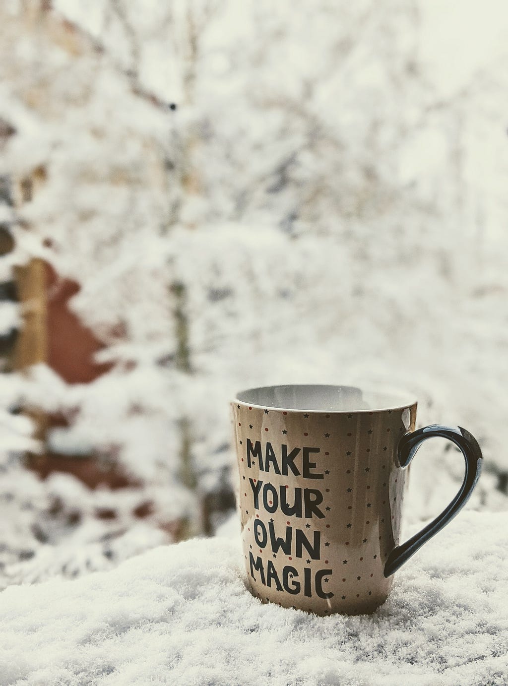 In what looks like a snow covered forest, a tan-colored glass mug with the words, “Make Your Own Magic” written in black letters is on top of a rock..