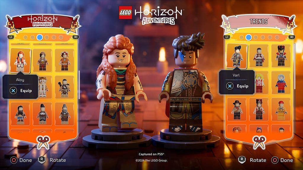 A character menu showing Aloy on one pedestal, and Varl on the other to the right. Both have menus besides them with 3 columns showing other character options.