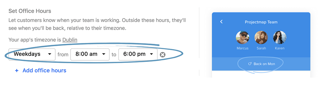 Screenshot of intercom’s messenger product feature that shows text inputs where users can set start and end working hours