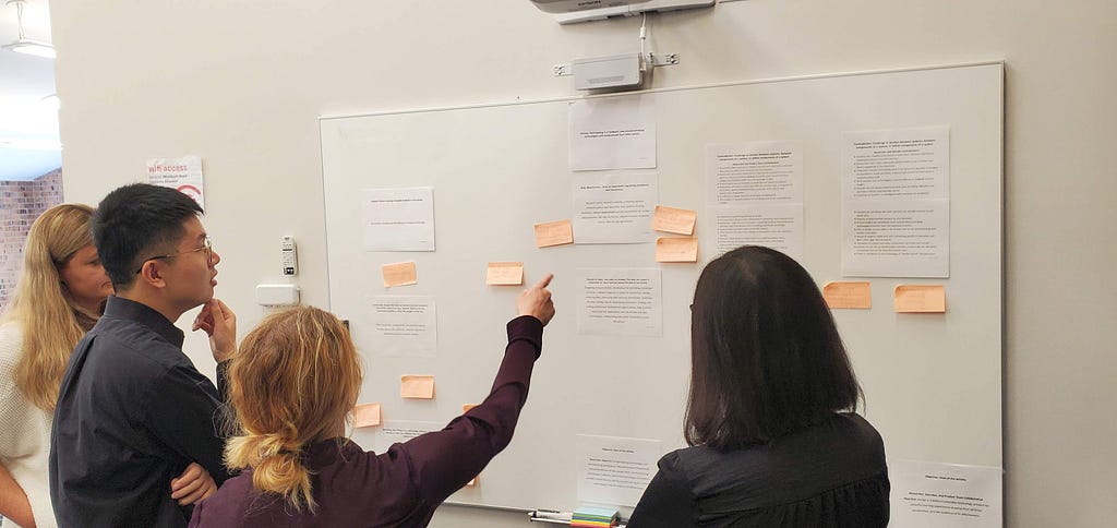 Four people inside staring at a wall with text and sticky notes posted on it. One has his hand on his chin like he is thinking and another is pointing at something.